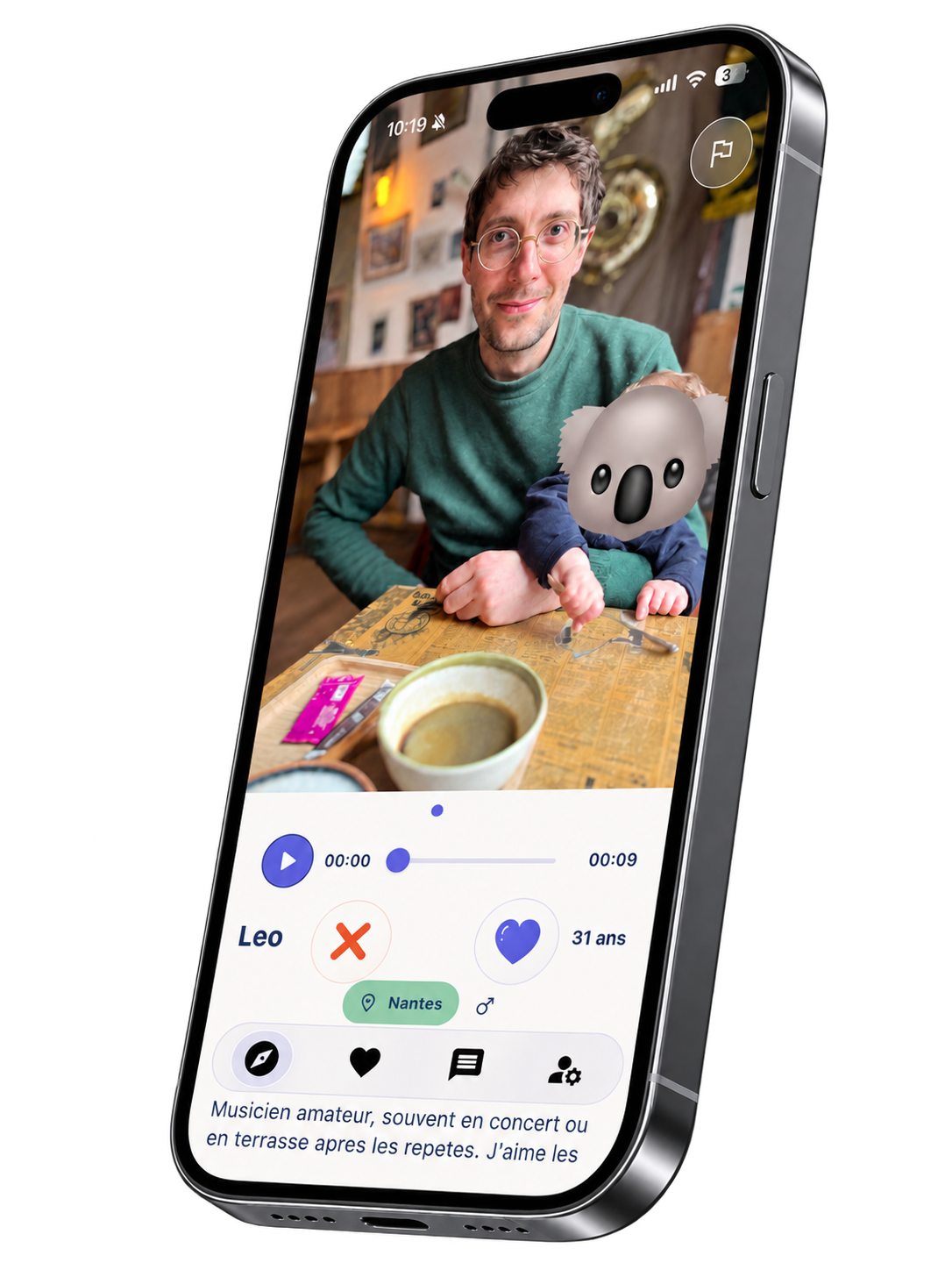 Profil Aedon affiché sur un iPhone avec lecteur audio